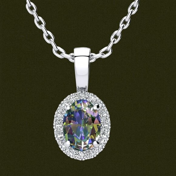 Birthstone Diamond Necklace | 1 ct Oval Gemstone .10ct Lab Grown Diamond Halo - Picture 12 of 12